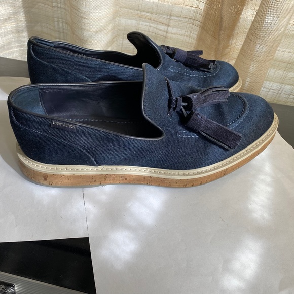 Louis Vuitton denim blue canvas Men’s loafers 9 mens -11womens slip-on moccasins